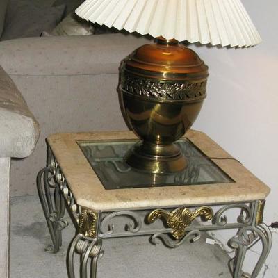 iron frame marble and glass top end table   BUT IT NOW $ 115.00