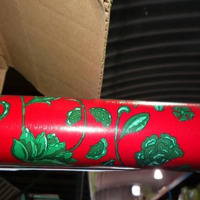 (7) Green Floral on Red Wrapping Paper