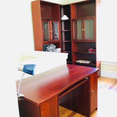 1 of 4 piece Dark Cherry Wood Office Set:
Desk and library
