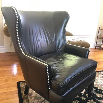 2 black leather wingback club chairs with nailheads
