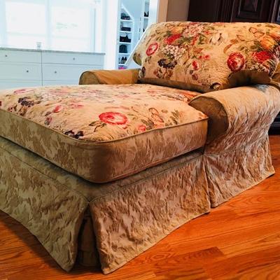 Shabby Chic Cozy comfy down seat-and-a-half Chaise. Reversible double fabric cushions. Slightly used to brand new.