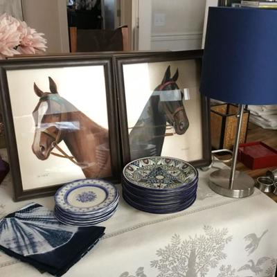 Tie Dye napkins, Horses painted on silk, Dessert plates (8 English blue and white plates, 7 Moroccan style plates). Table lamp with blue...