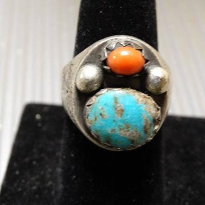 #1 Sterling Silver Gents Ring with turquoise & Red Co ...