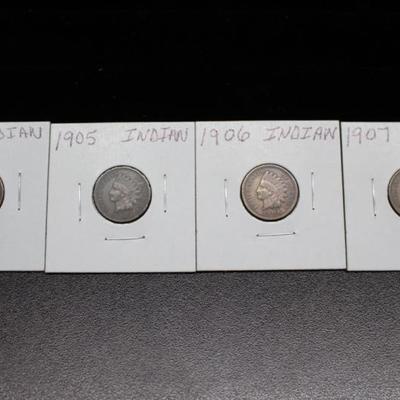 4 Indian Head Pennies 1904, 1905, 1906, 1907