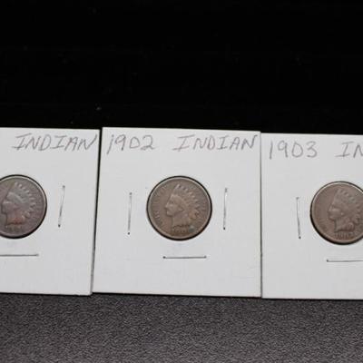 3 Indian Head Pennies 1901, 1902, 1903