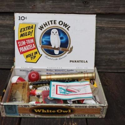 Old White Owl Cigar Box filled w/ Fishing Tackle