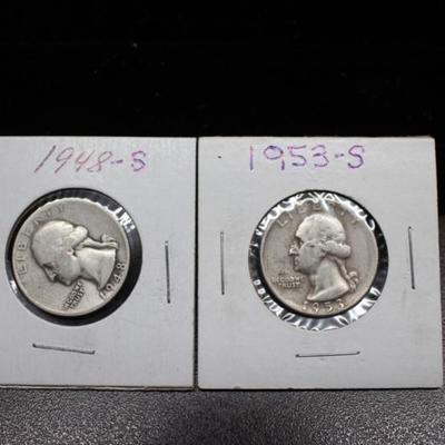 2 Silver Washington Quarters 1948-S, 1953-S