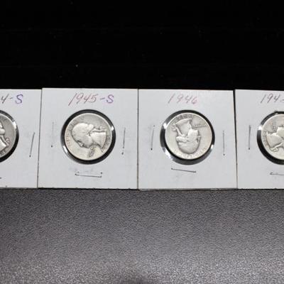 4 Silver Washington Quarters 1944-S, 1945-S, 1946, 1948