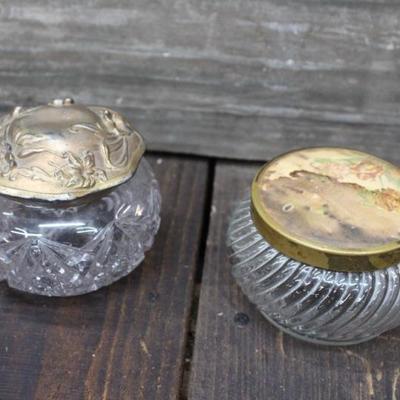 Two Victorian Round Molded Glass Face Powder Jars w/ Decorative Lids