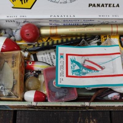 Old White Owl Cigar Box filled w/ Fishing Tackle