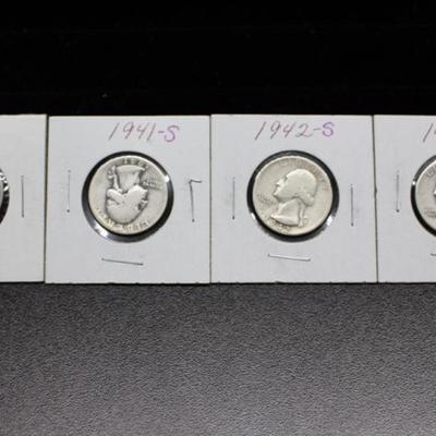 4 Silver Washington Quarters 1941-D, 1941-S, 1942-S, 1943-D