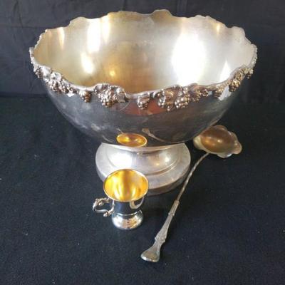Large Silver Plate punch bowl with ladle and cups