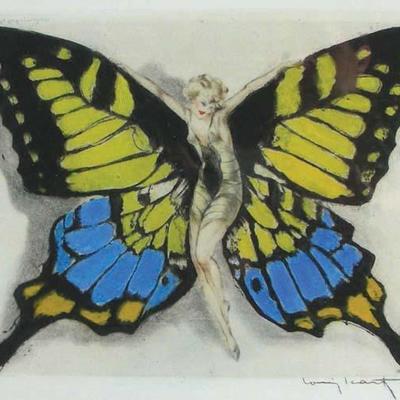#159 - Louis Icart Original Drypoint Etching with Hand Watercoloring "Fluttering Butterfly", Hand Signed