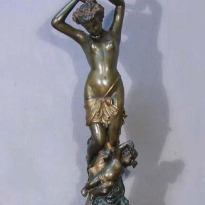 #160 - Beautiful Bronze Sculpture of Woman with Cupid, Signed