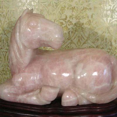 #90 - Large Chinese Hand Carved Rose Quartz Horse on Stand