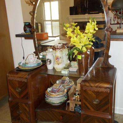 Vintage dressing table with mirror and stool $349