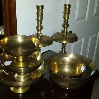 Brass Bowls, Brass Candlesticks (18 inches)
