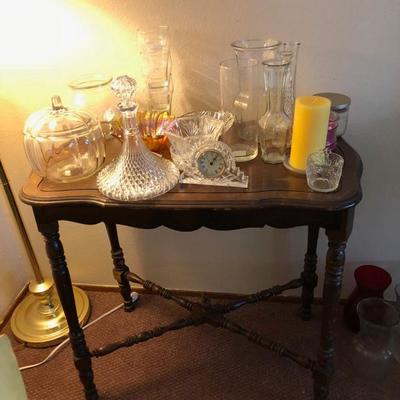 Vintage Side Table and assorted glassware