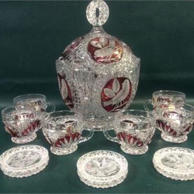 Hofbauer Crystal Byrdes Collection Punch Bowl & Cups