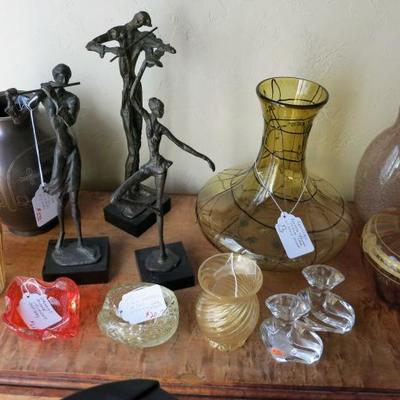 3 Pc bronze Musicians and art glass.