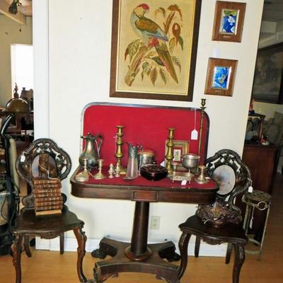 Pair German Black Forest Chairs and game table