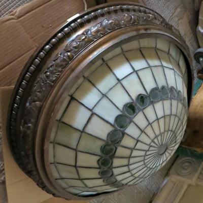 Antique bronze and leaded glass ceiling lamp