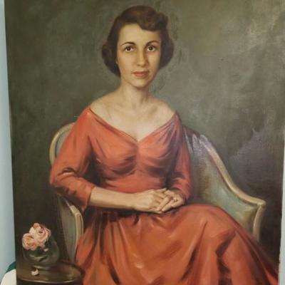 Painting of a Woman in a Red Dress Seated by Lester Bentley 40x32 canvas BD0909.  https://www.ebay.com/itm/123405245050