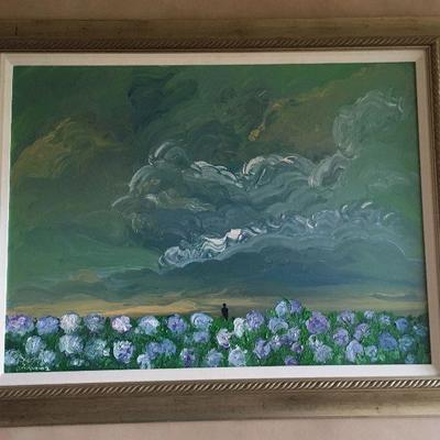 Gustavo Duque 02: Oil on Board Framed Landscape: Sky Field of Flowers New Orleans Artist WN1001 L and A...