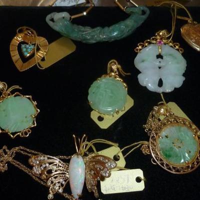 Jadeite pendants in 14K   Opal and diamond butterfly.