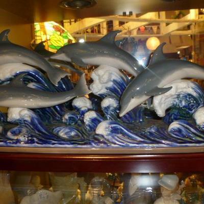 Retired large Lladro.  Dolphins and plinth.
