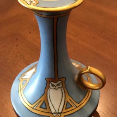 Antique Royal Bavaria Porcelain Art Deco Chamber Candlestick with Owls
