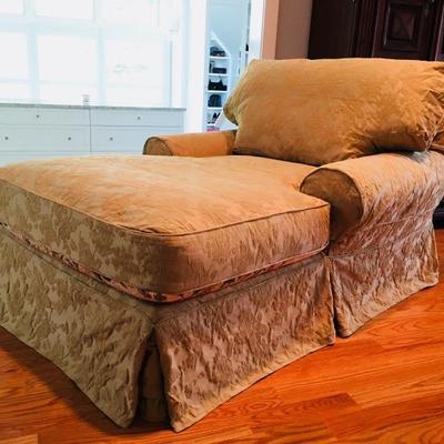 Shabby Chic Cozy comfy down rolled arms seat-and-a-half Chaise.  The longed design is made for lounging. Reversible double fabric...