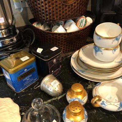 Coffee, Antique Dishes, Tea Strainer, Tin Cans 