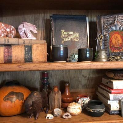 Books, Brass Bell, Indian Pottery, Hand Carved Buffalo, Polished Rocks in Leather Pouch 