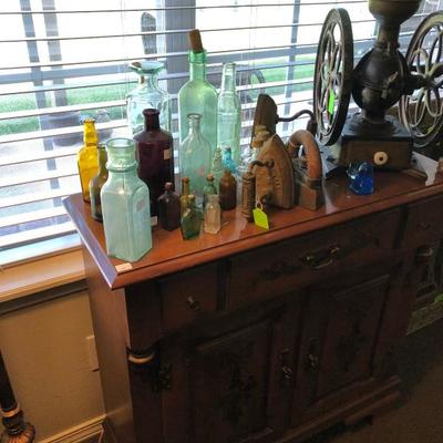 Vintage Maple Server, Antique Coffee Grinder, Antique Bottles. Antique Irons 