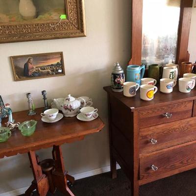 Antique Oak Dresser with Glass Knobs, East Lake Side Table, 