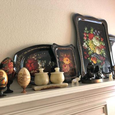 Hand Painted Floral Tole Trays, Brass Candle Sticks, Carved Marble Covered Dish, Black Lacquered Russian Egg 