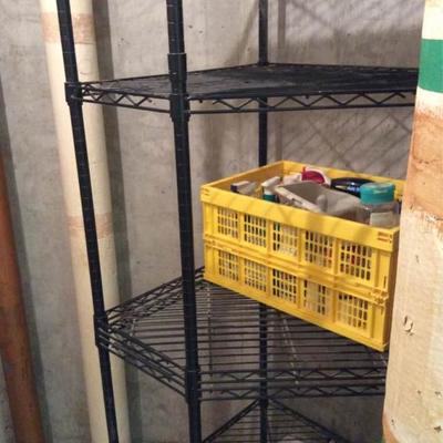 WWW016 Four Shelf Metal Corner Unit & Box of Cleaning Supplies