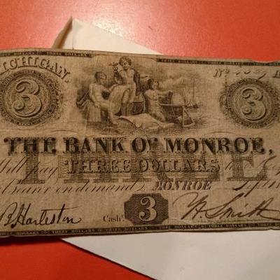 Rare Bank of Monroe Michigan THREE DOLLAR NOTE signed by A Harleston and A. Smith (President). Fair condition. 
