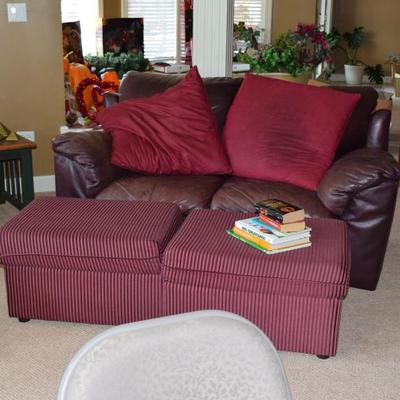 Leather Loveseat, Pillows, Ottoman, & Books