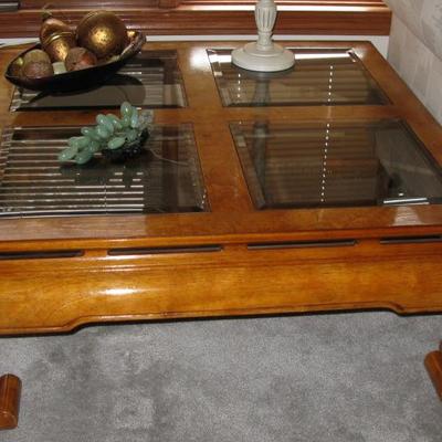 Burl wood square glass top coffee table            BUY IT NOW $ 85.00