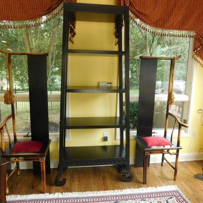 Asian influence shelving unit and chairs 