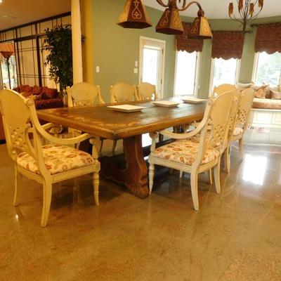 Farmhouse design solid wood dining table with (8) Chairs.
