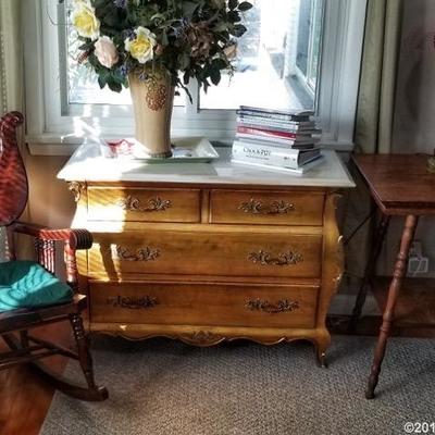Antique rocking chair, Weiman gold gilt marble top chest of drawers, antique parlor table
