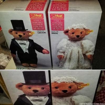 STEIFF TEDDY BEARS BRIDE 0155/36 and GROOM 0155/37 SIGNED W/ORG BOX & CATALOG