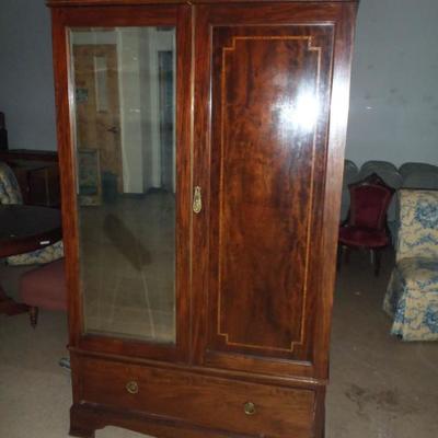c1900 fine mahogany Enlish inlaid armoire, bevel panel mirrored door, brass mouldings...mint