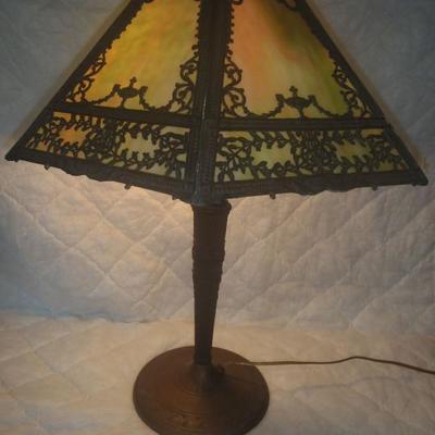 Signed Miller antique lamp and base  slag glasas