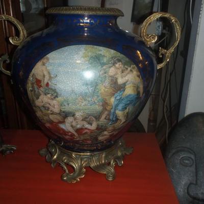 Large porcelain vase, cobalt background, mounted in bronze frame about 16