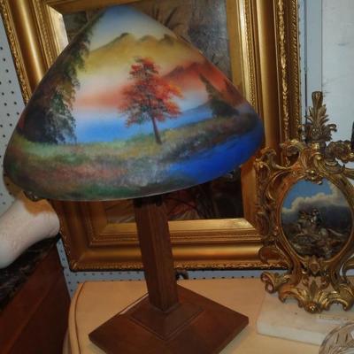Vintage hand painted Satin Glass reserves painted lamp on MISSION OAK BASE