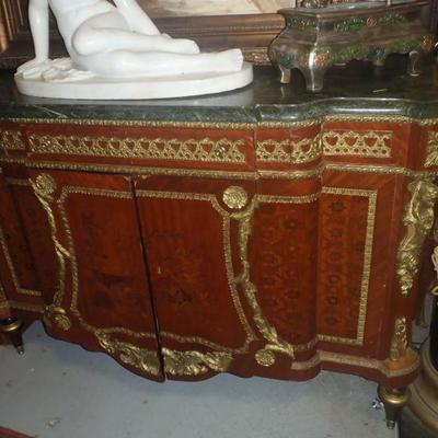 Louis 14 inlaid, heavily encrusted with gilt ormulu sidebord or chest....with very thick marble top